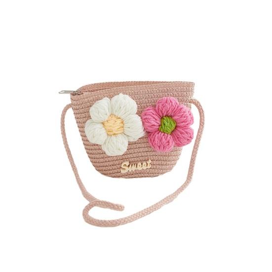 Crossbody Bag Hand-knitted Straw Lightweight Shoulder Bag with 3D Crochet Flower Design Snack Purse for Baby Girls 687₽