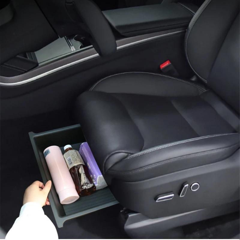 For Tesla Model X Front Underseat Storage Box Car Seat Push Pull Drawer TPE Hidden Storage Boxes Car Interior Accessories 2024