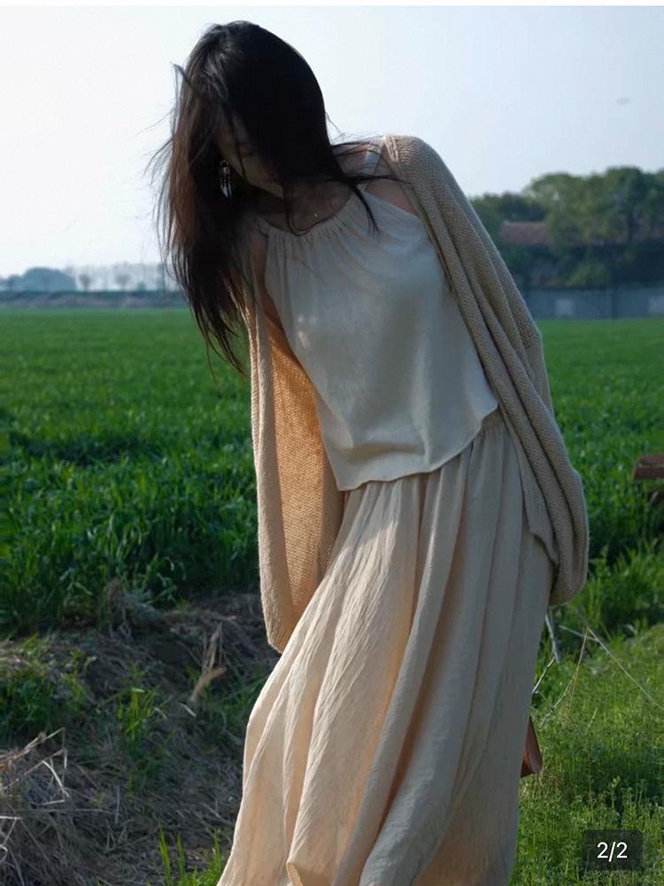 Luxurious Retro Ice Silk Cotton Linen Midi Skirt for Women: Spring/Summer 2026 Slimming High-Low Floor-Length Dress