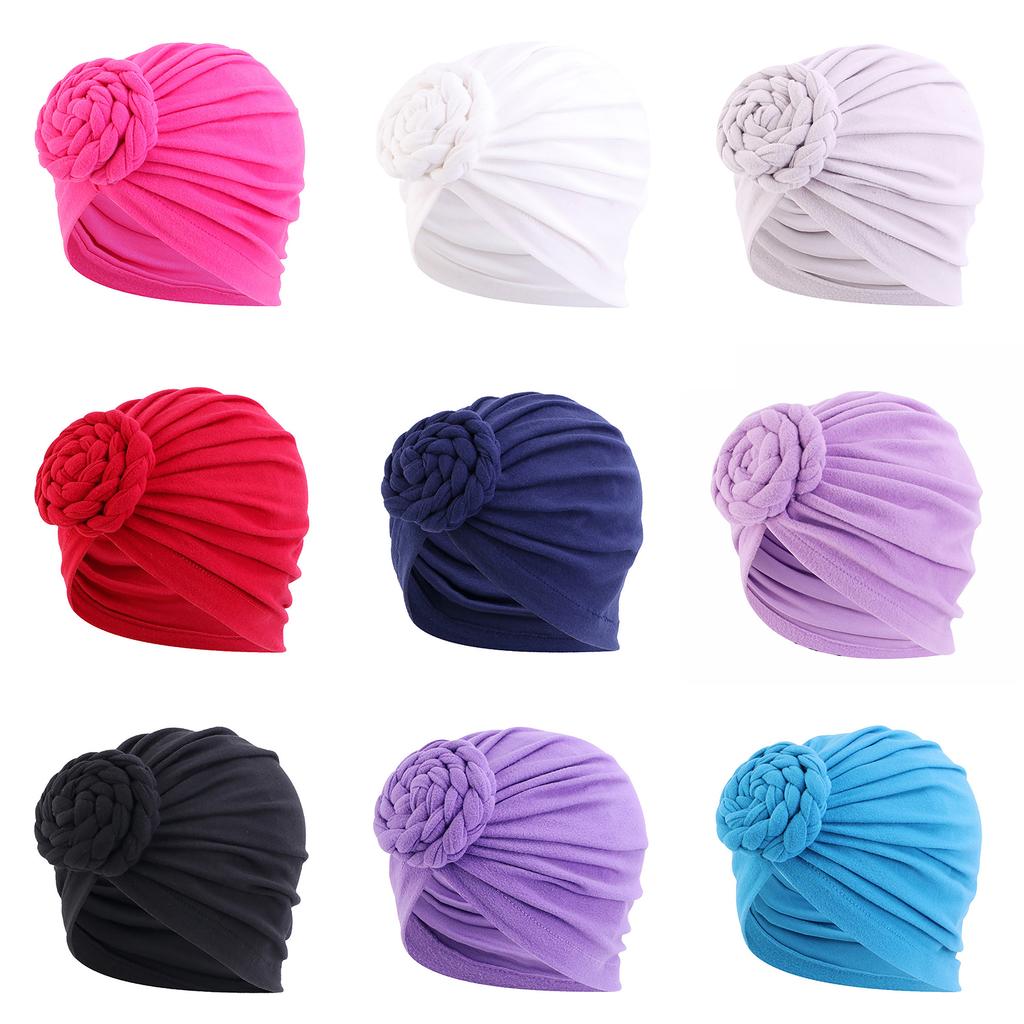 Women Turbans Hat Flower Knot Pre-Tied Twisted Braid Headwear Elastic Solid Color Handmade Bandanas For Women Gifts