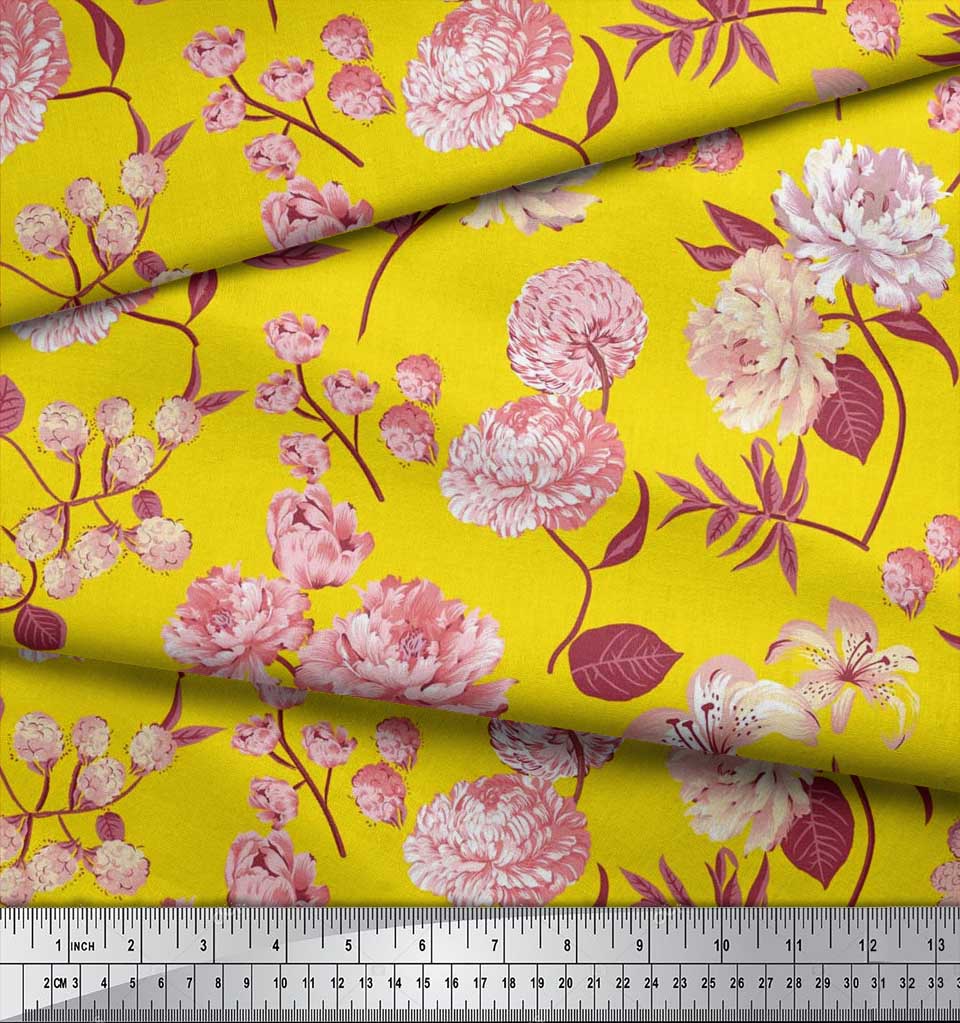 Soimoi Japan Crepe Satin Fabric Leaves,Peony & Dahlia Flower Printed Fabric 1 Metre 42 Inch