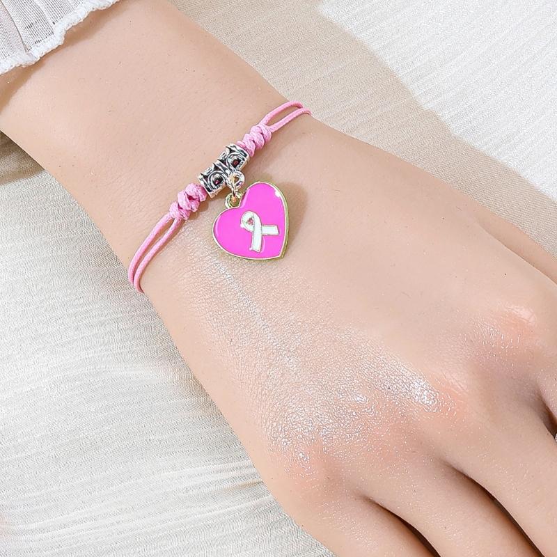 Braccialetto Regolabile in Lega di Zinco Simbolico con Nastro Rosa Viola e Ciondolo a Forma di Cuore per il Supporto al Cancro al Seno