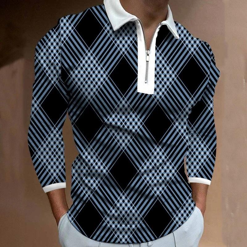 

Men s Digital Print Casual Turn-Down Long Sleeve Polo Shirt Fashion Zip-Up Top 5XL синій