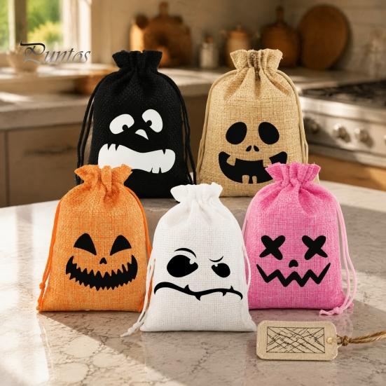 Decorative Gift Packaging 5Pcs Halloween Candy Bags with Drawstring, Funny Ghost Pumpkin Print Pouches Small Cloth Storage for Party Favors And Trick
