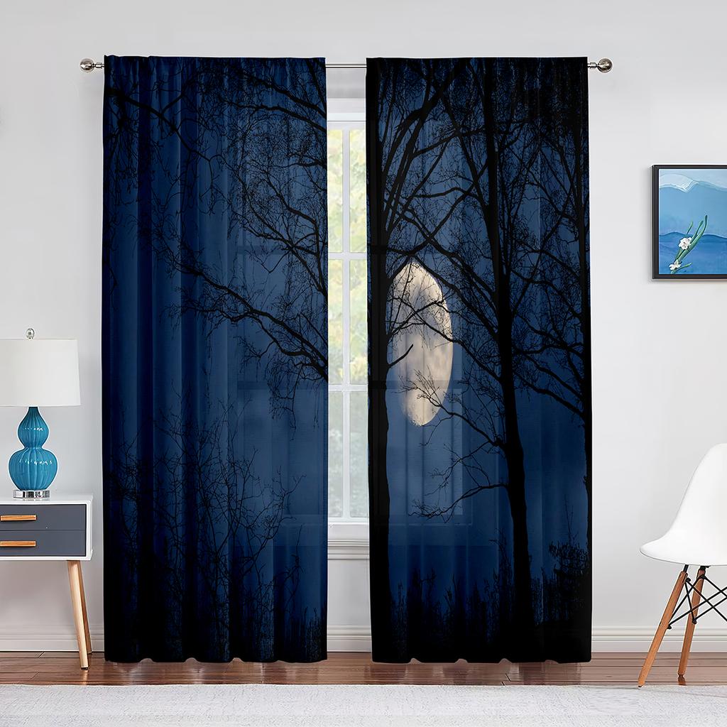 Night Sky Moon Stars and Forest Lake Sheer Voile Curtains for Bedroom Living Room Kitchen Tulle Curtains Chiffon Window Drapes