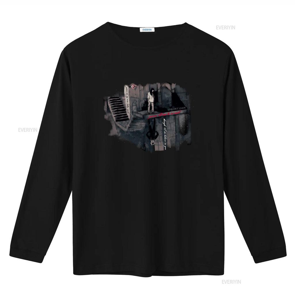 Dark Gothic Sketch Piano Stair Mirror Figure Print Streetwear Casual T Shirt vintage Washed designer clothes Versatile homme