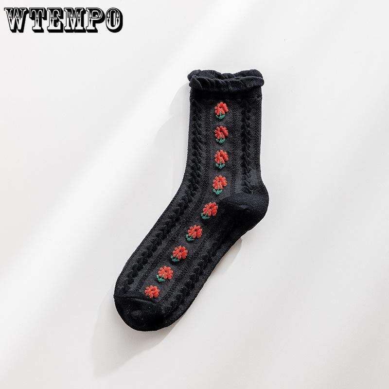 5pcs Socks Women Spring and Summer Jk Mid-calf Socks Wooden Ear Edge Japanese Cute Flower Girl Socks Sweet Lolita Cotton Stockings