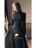 Elegant European & American Black Spring Long-Sleeve Dress, Round Neck, 2025 Style.