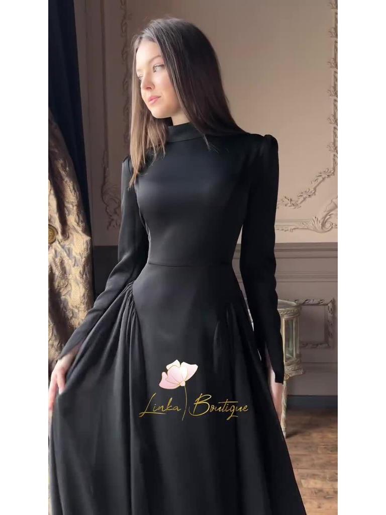 Elegant European & American Black Spring Long-Sleeve Dress, Round Neck, 2025 Style.