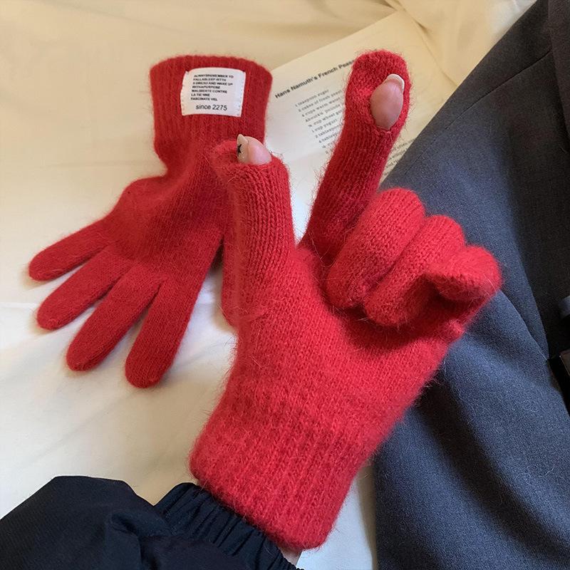 Thickened Cycling Knitted Warm Gloves for Women In Winter New Students Solid Color Touch Touching Finger Tight Yarn Split Finger