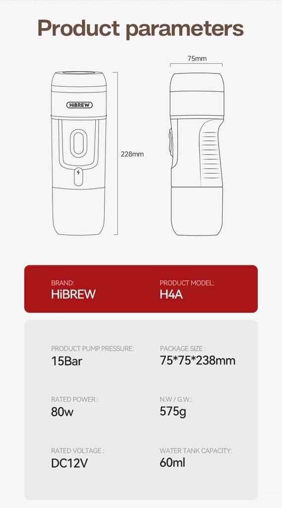 HiBREW H4A 80W Portable Car Coffee Machine, DC 12V 15 Bar Extraction, Hot/Cold 3-in-1 Capsule Coffee Maker
