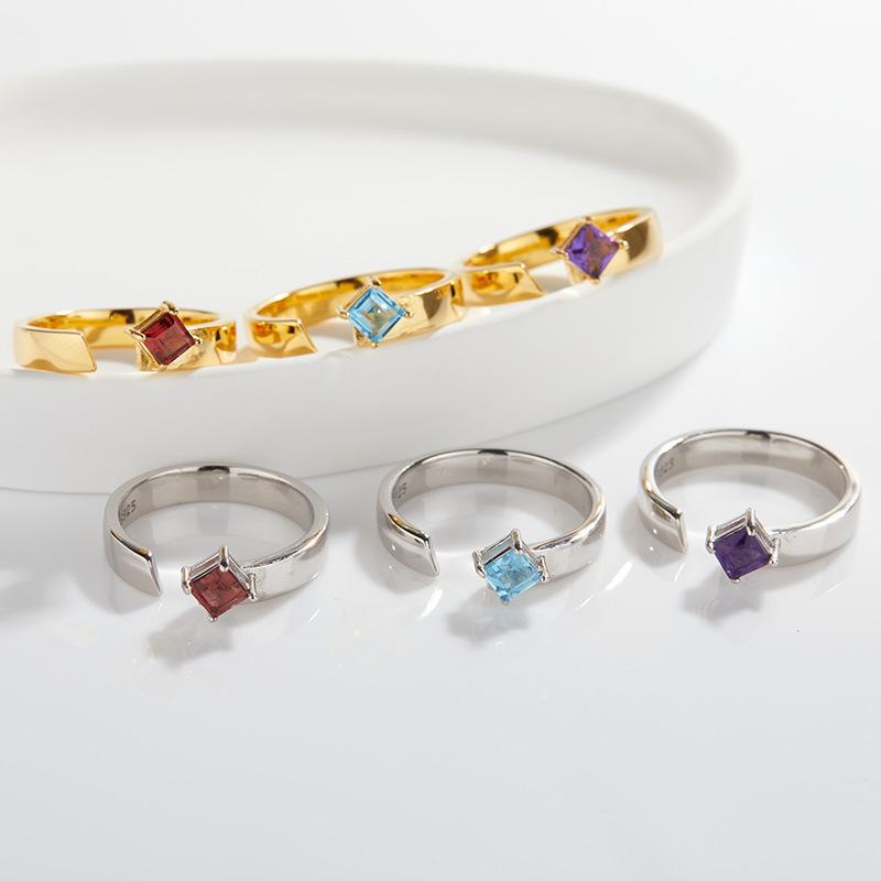 Simple Fashion Ring S925 Sterling Silver Inlaid Natural Multi-Color Square Colored Treasure Ring Women'S Retro Light Luxury High Sense
