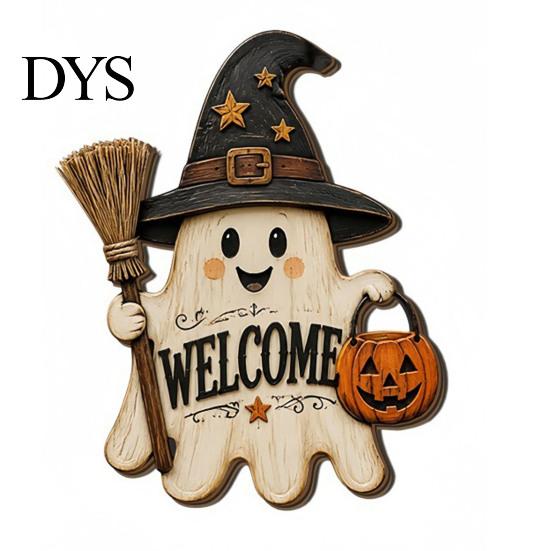 Fall Home Accents Halloween Ghost Welcome Door Hanger, Cute Wooden Sign with Witch Hat & Pumpkin Wall Elements, Indoor Outdoor Decor for Holiday Porch