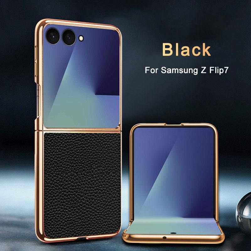 For Samsung Galaxy Z Flip 7 Case Luxury Lichee Leather Skin Plating Protective Back Cover Case For Samsung Z Flip7 Phone Shell