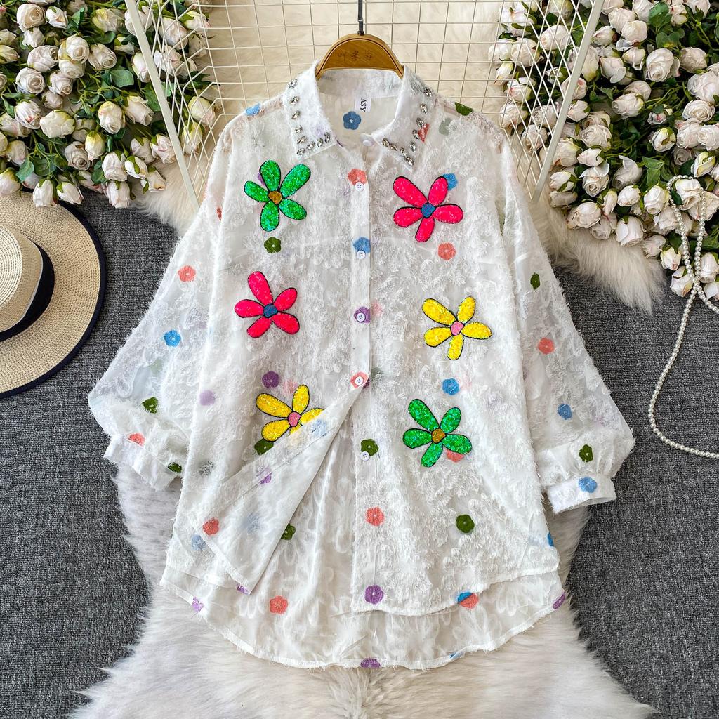 Premium Heavy Industry Diamond Sequined Flower Lapel Lantern Sleeve Shirt Women's Summer Sweet Age-reducing Loose Fringed Top