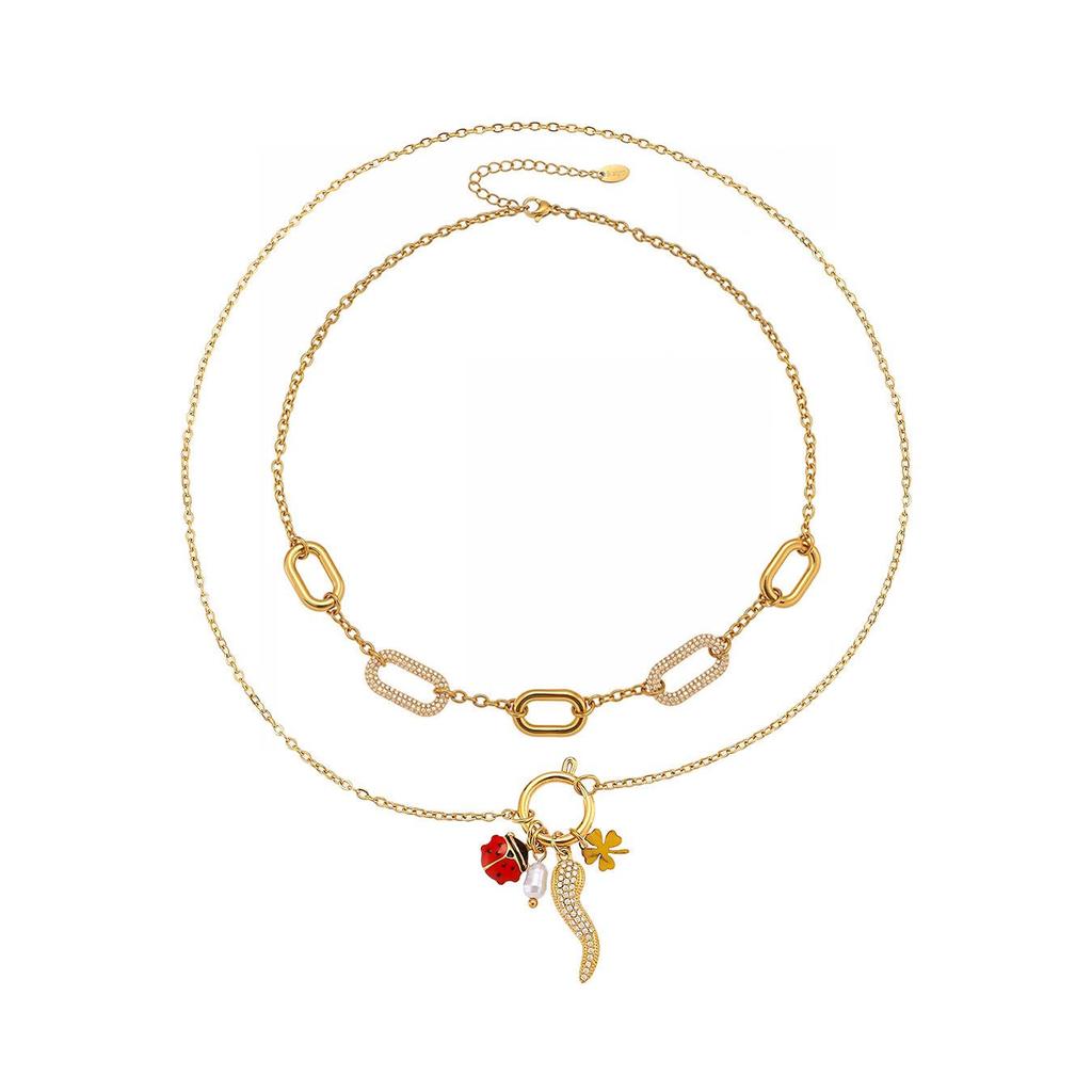 Oval Inlaid Diamond Necklace with Freshwater Pearl, Stainless Steel Pendant & Clavicle Chain for Women