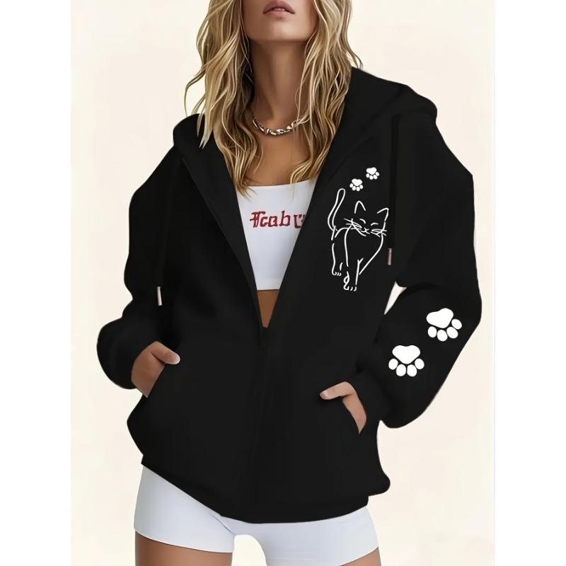 Women's Casual Zip Hoodie, Printed Kitten Sweatshirt