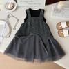Girls' Summer Set Korean Denim Mesh Dress+vest Princess Two-piece Set Trendy