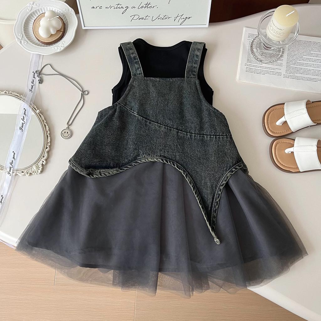 Girls' Summer Set Korean Denim Mesh Dress+vest Princess Two-piece Set Trendy