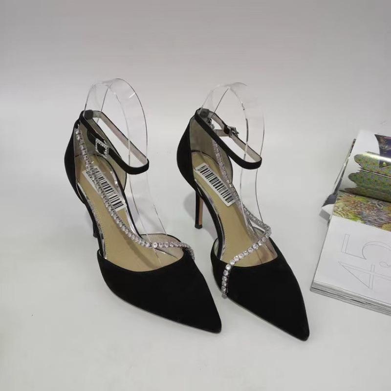Women's Black Stiletto Heels 2025: Fashionable Pointed Toe, One-Strap Buckle, Rhinestone Closed-Toe Sandals.