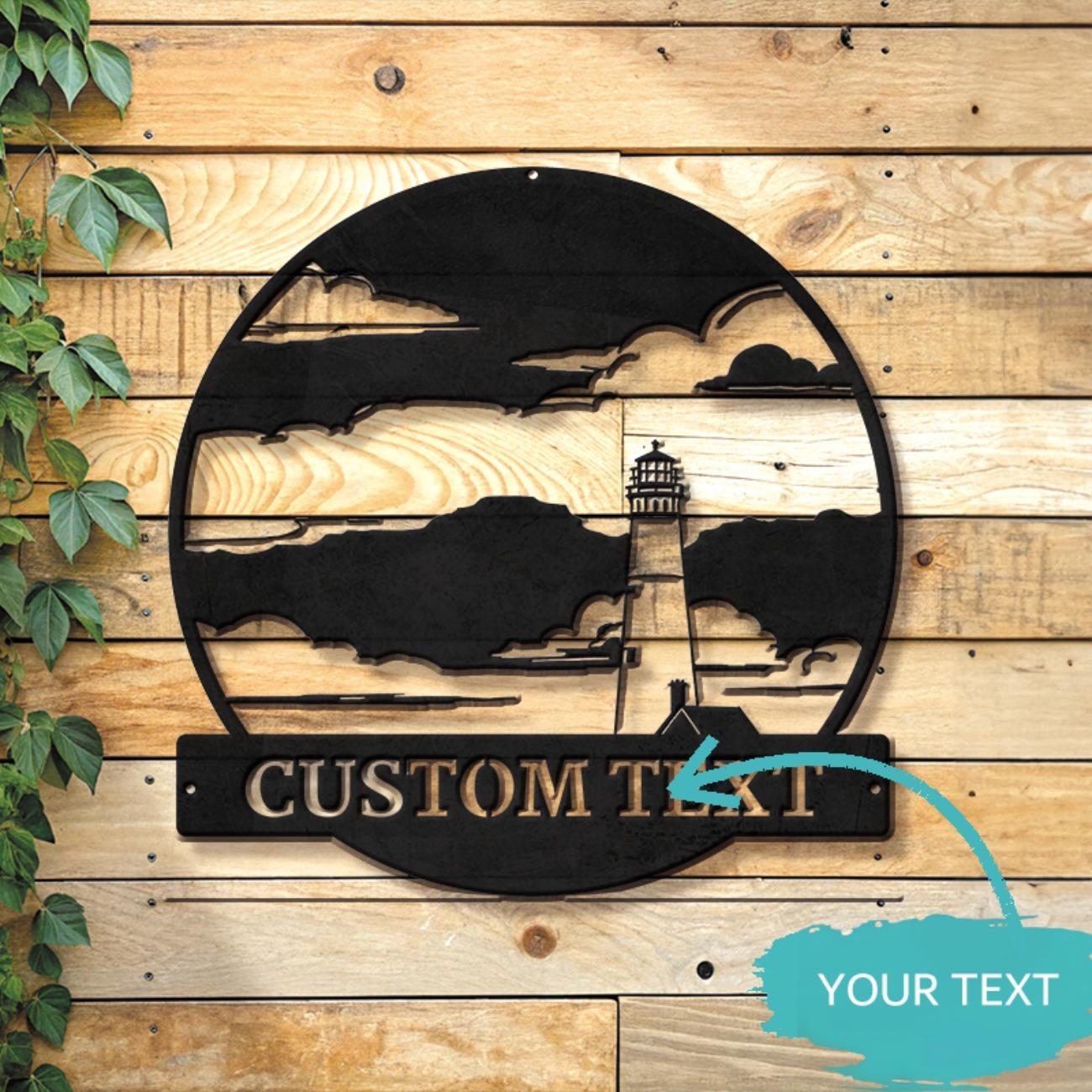 Custom Coastal Lighthouse Metal Wall Art Black White Design Personalized Text Nautical Beach House Decor S