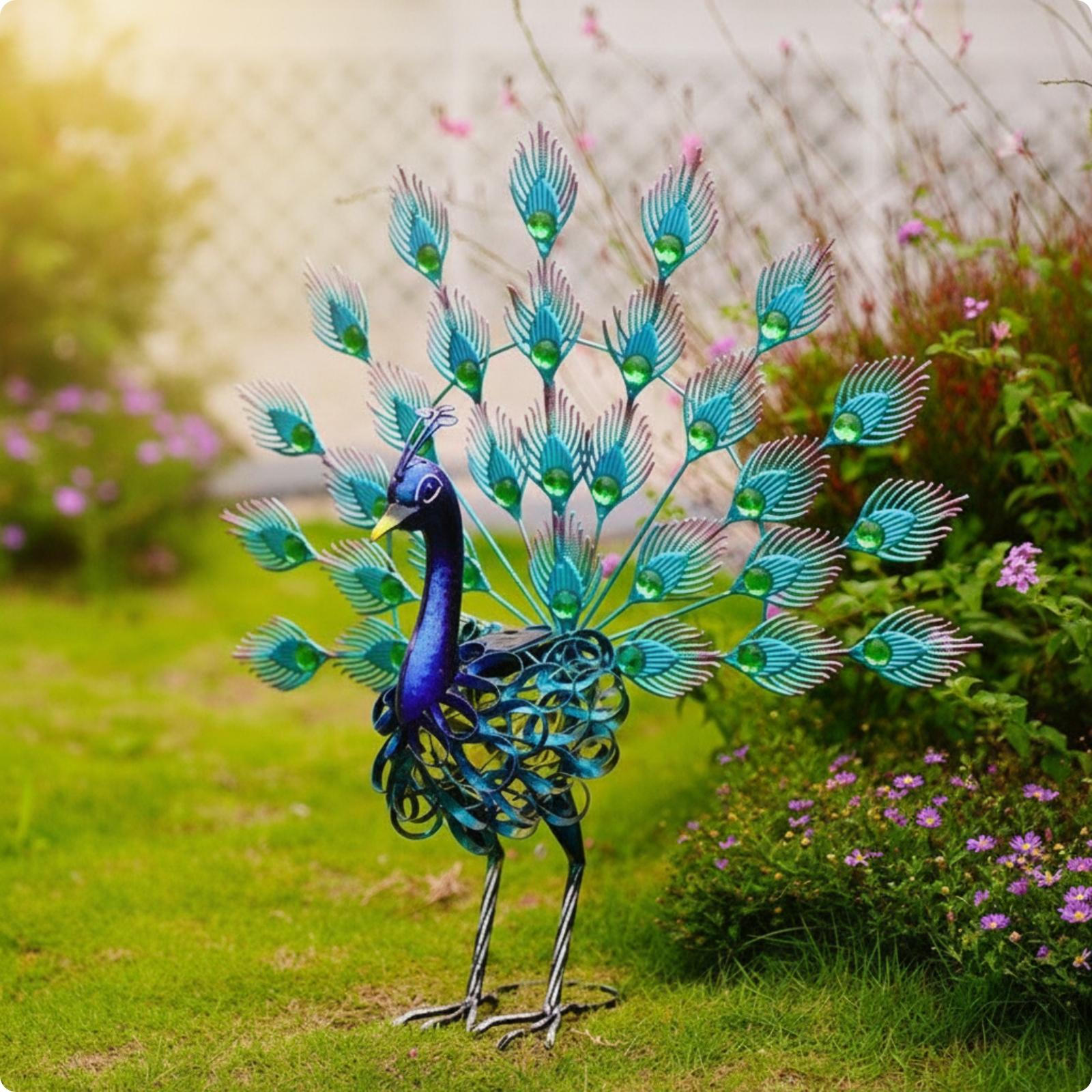 LED-Illuminated Metal Peacock Garden Statue Decorative