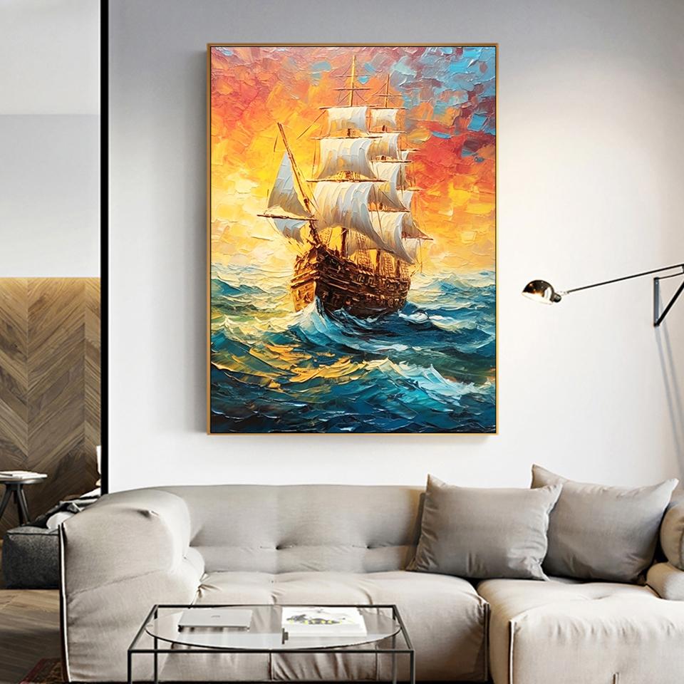 Boat Diamond Painting Sunset Landscape Rhinestones Picture Embroidery Seaside Diamond Mosaic New Arrival Kits Wall Decor