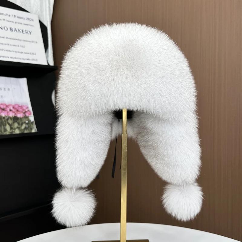 Women's ear-protecting fox fur hat fashion Luxurious real fox fur bomber hat Girls winter outdoor soft sheepskin leather hat
