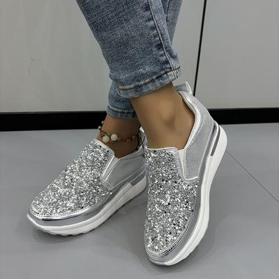 Neue einfarbige, paillettenbesetzte, modische Damen Schuhe, flache, rutschfeste, abriebfeste, dicke Sohle, lässige Lauf-Sneaker