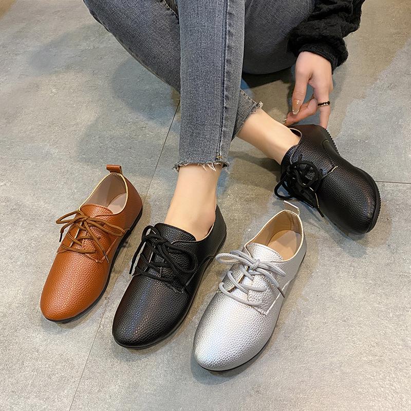 Large size casual women's shoes spring and summer fashion flat heel lace-up single shoes round head soft surface women's shoes
