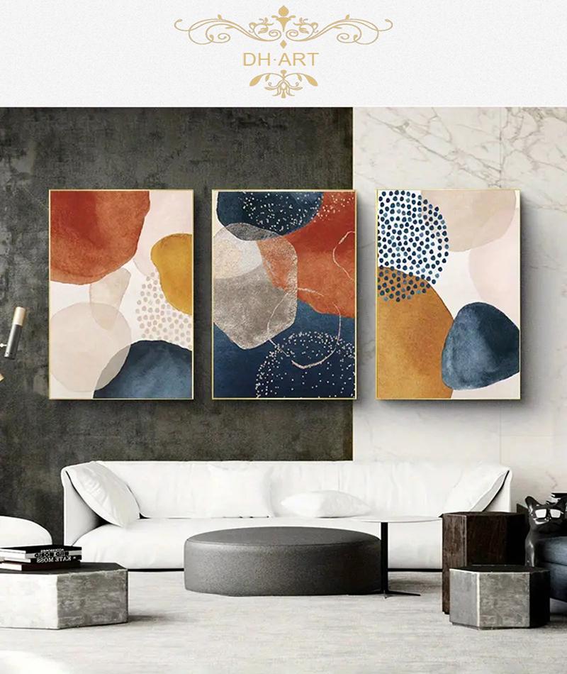 Painting Orange Blue Color Block Golden Line Poster Living Room Posters Prints Wall Decoration 3pcs Modern Abstract Art Canvas