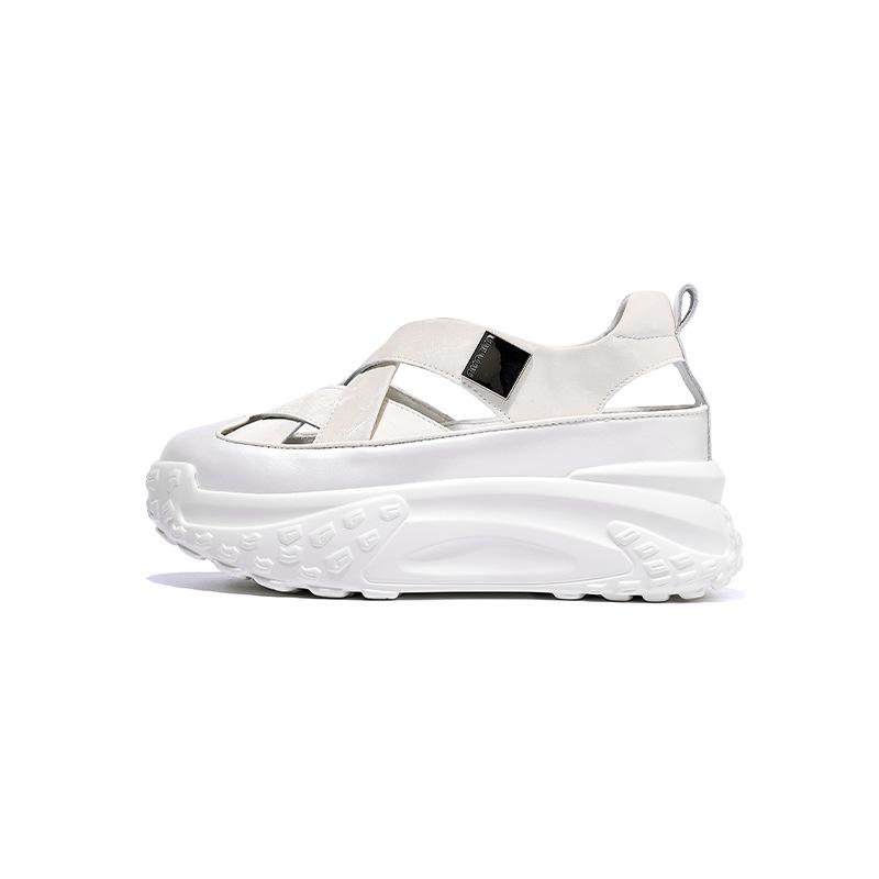 

Спортивная сумка на толстой подошве, сандалии на платформе, женские летние 2025, новые, полые, дышащие, с внутренней высотой, для отдыха, спортивные, папины кроссовки 34 белый