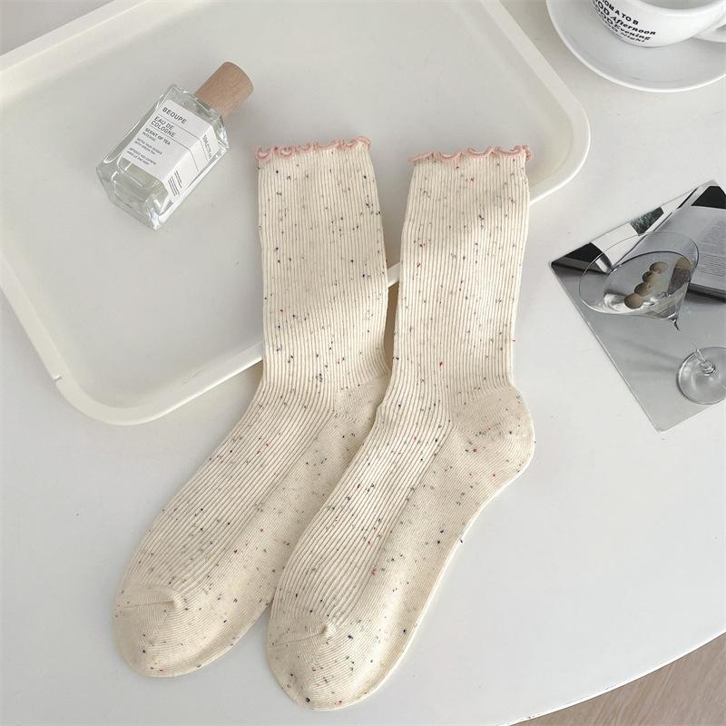 Frühlings- und Herbstsocken mit gepunktetem Garn in Cremefarbe und Aprikotfarbe, Baumwollsocken bis zur Wade für Damen, Trendige Frotteesocken