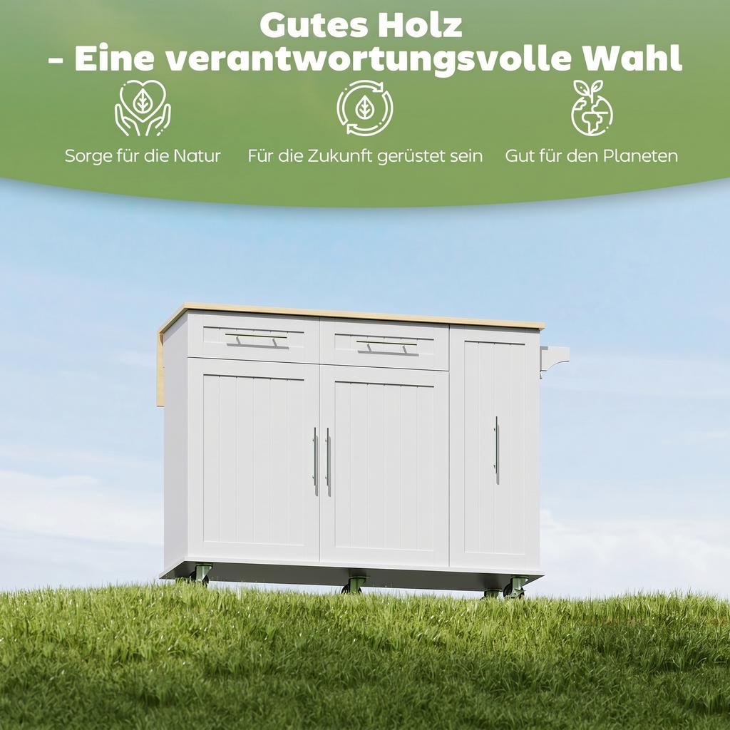 Isola Cucina Mobile, Piano Espandibile, Ante di Armadietto, Cassetti, Portasciugamani, Carrello da Cucina in MDF, Bianco