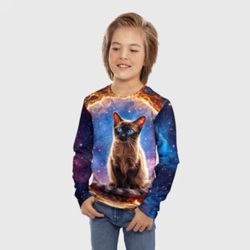 T-Shirts Boys Children's Cartoon Tiger Cat Print Cute Long Sleeved Soft Comfortable Top