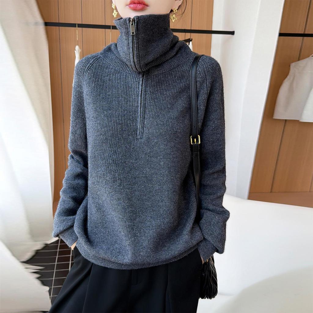 Women's Soft Pure Wool Half-Zip Sweater - Autumn/Winter Loose Knit Design