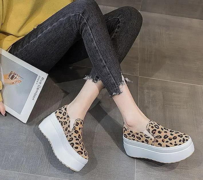 Fashion 2025 Size 34-39 Women Casual Loafers Leopard Flats Shoes Real Leather Platform Summer Slip-On Slouchy Mid Heels Daily