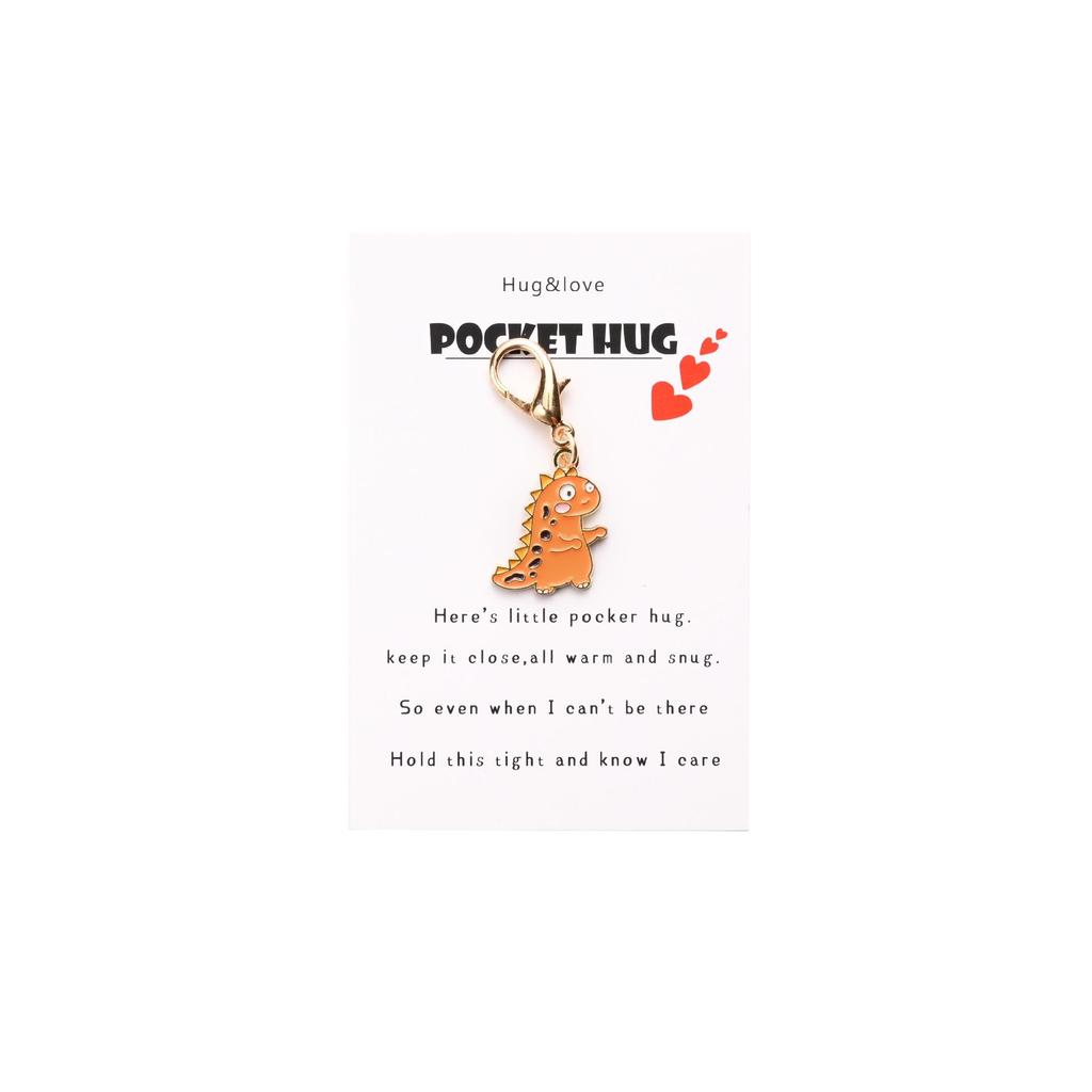 Cute Cartoon Dinosaur Keychain with POCKET HUG English Hug Card and Bag Pendant