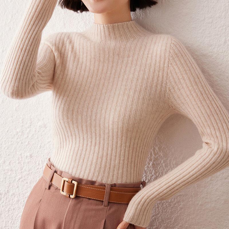 Cashmere Ribbed Slim-Fit Sweater: Warm, Thick Half-High Collar Knitwear for Autumn & Winter
