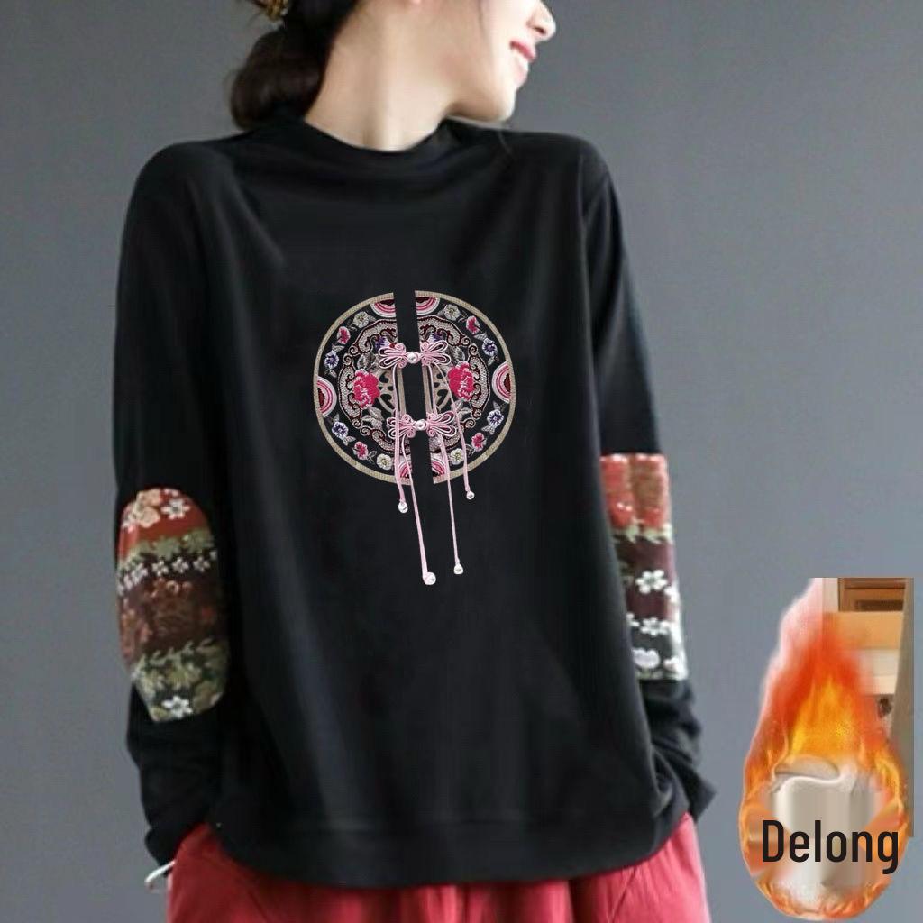 

Retro Ethnic Print Velvet Top: Warm, Long-Sleeved, Semi-High Collar, Loose Fit 2XL [130-145 jin]