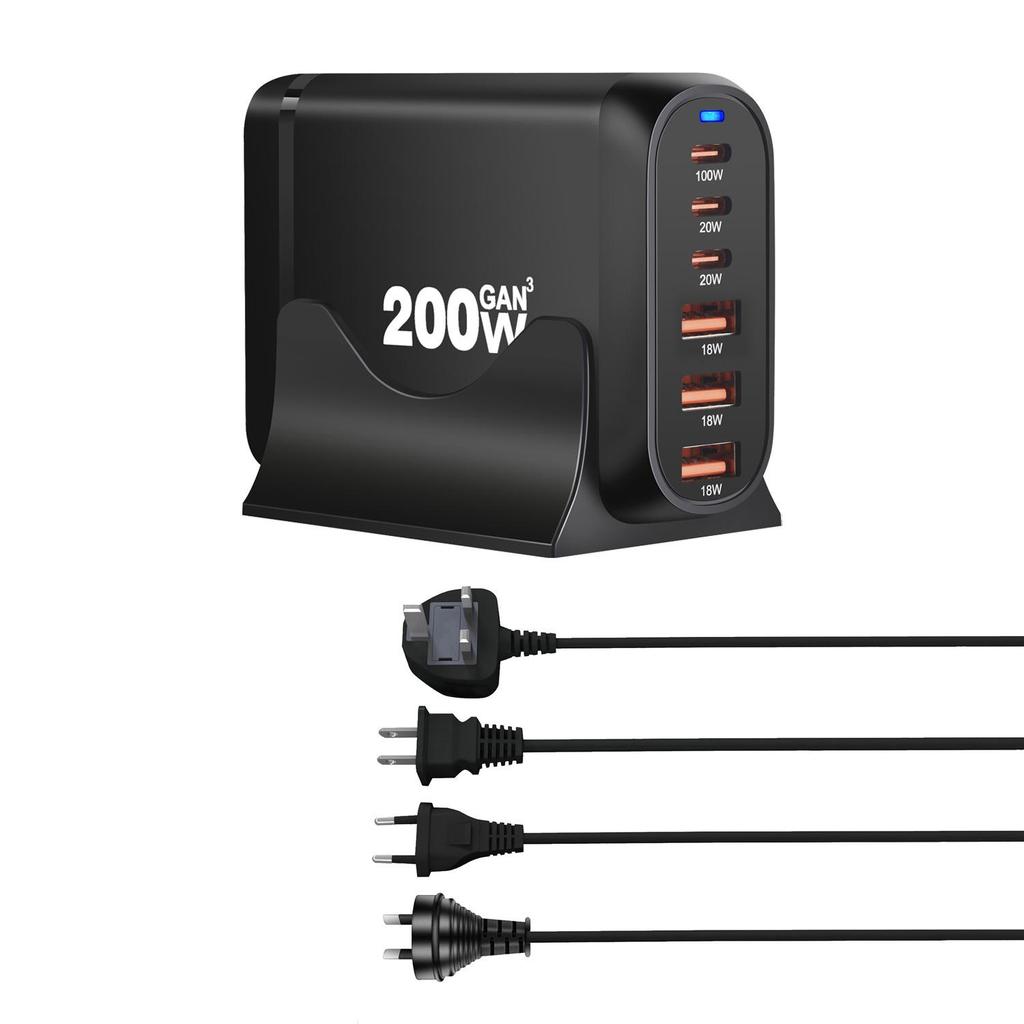 200W Gallium Nitride Multifunctional Desktop Charger with 3A3C Ports - Universal Fast PD Charging Adapter