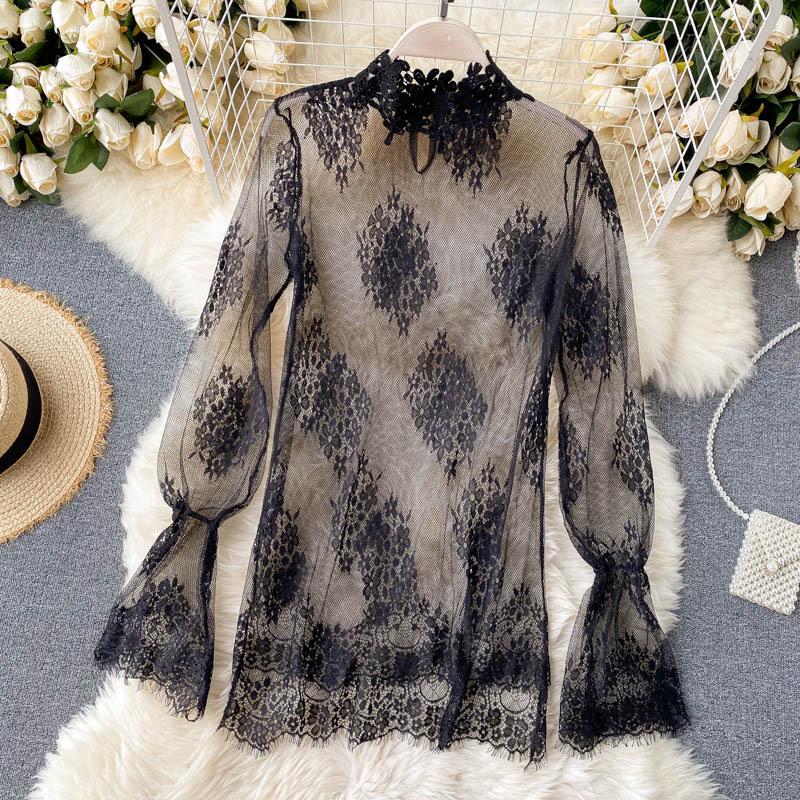 Two Picce Sets Slim Jumpsuits Spring Long Sleeve Lace Mesh Shirt Women Double Breasted Playsuits Ladies Bodysuit Suit