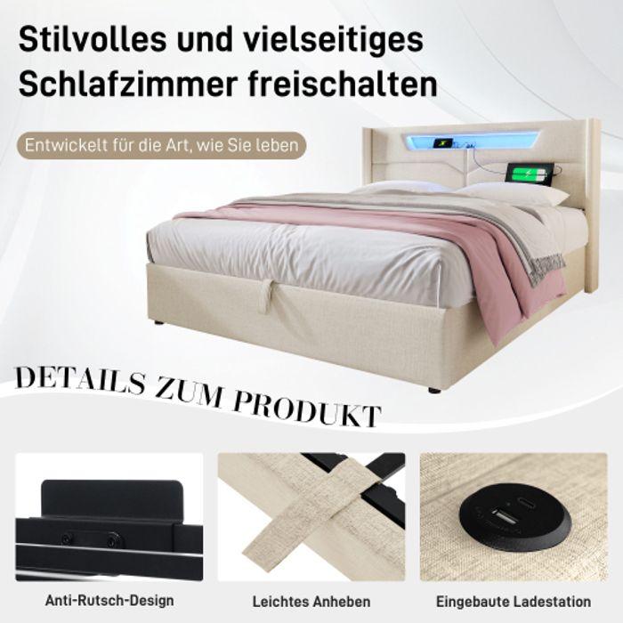 Lit de rangement - 160x200 - Éclairage LED - Port USB - Design contemporain