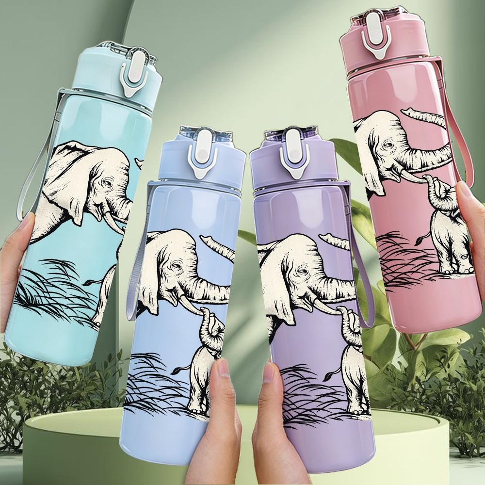 1PC Elephant Baby Calf Family Print 750ml Color Plastic Sports Water Bottle Leakproof Flip Straw Lid Suitable for Sports Office Home Use