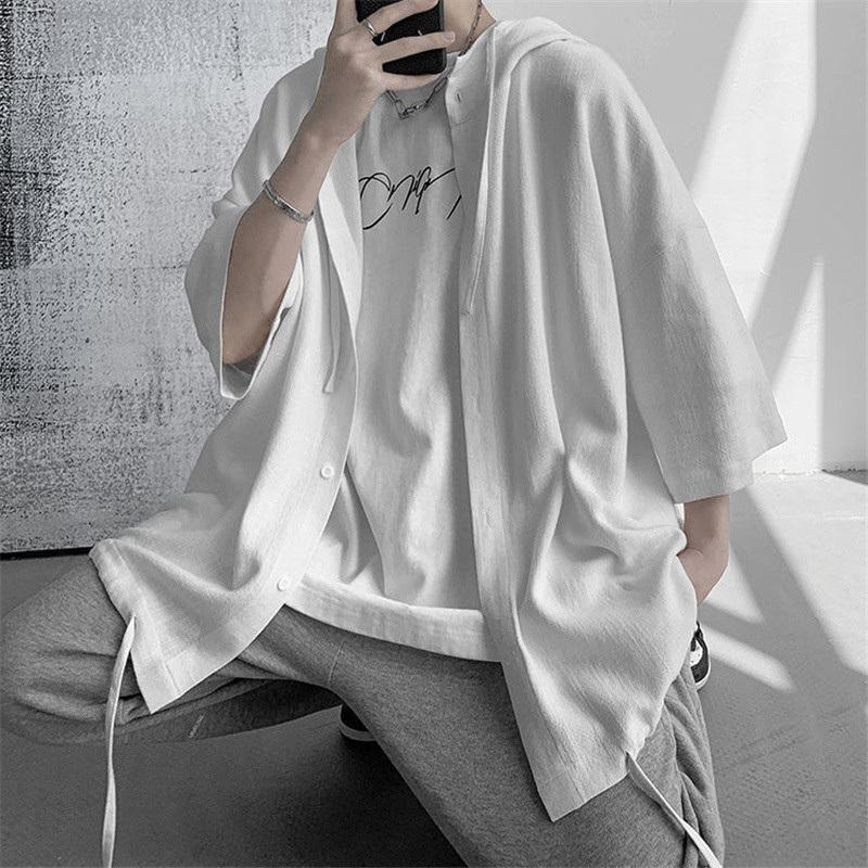 Yaz Japon Tarzı Vintage Bol Kesim Harajuku Gömlek Erkek Günlük Bol Kapüşonlu Bluz Her Şeye Uyumlu Moda Sokak Giyimi Erkek Giyim