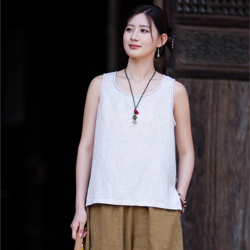 Johnature Women Vintage Tops Summer Chinese Style Solid Color Sleeveless O-Neck Embroidery Tops