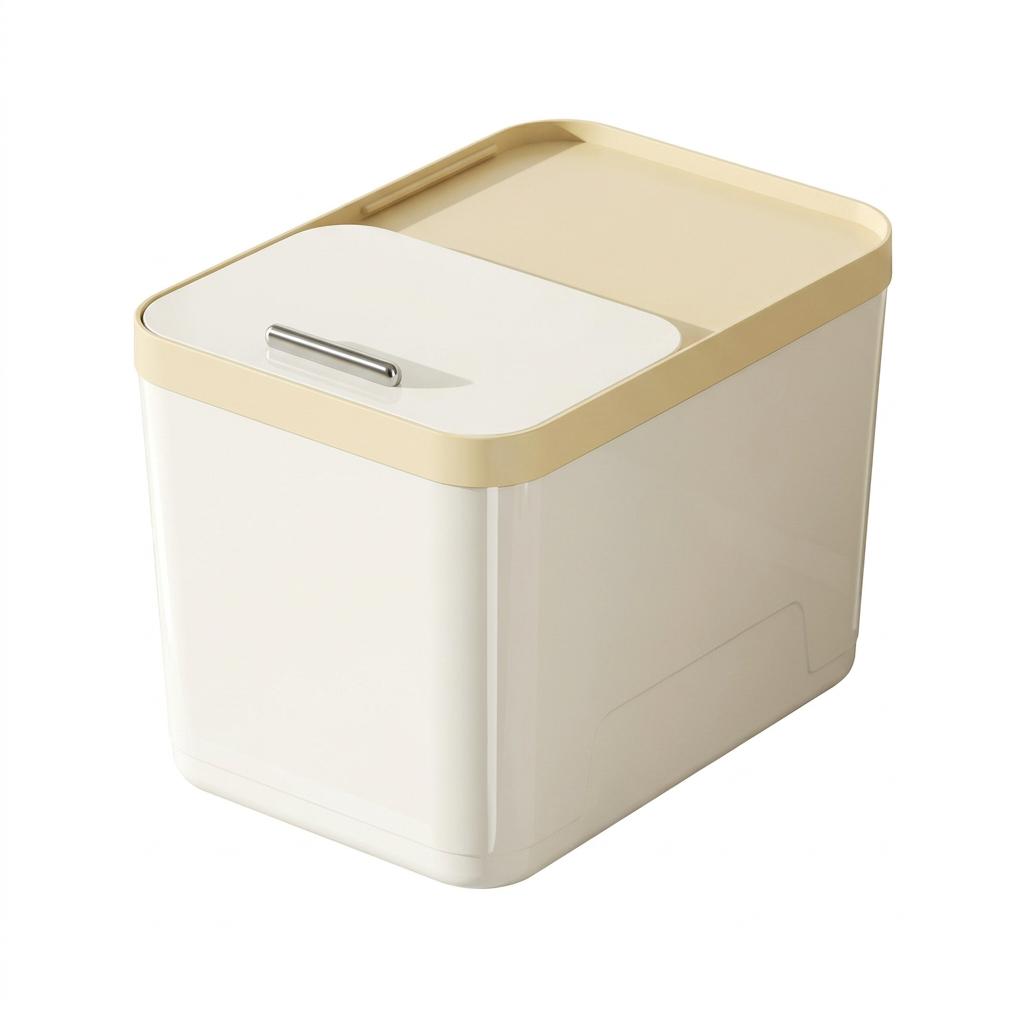 Airtight Rice Storage Container with Measuring Cup, Khaki Color Bin, Easy Open Lid, Space