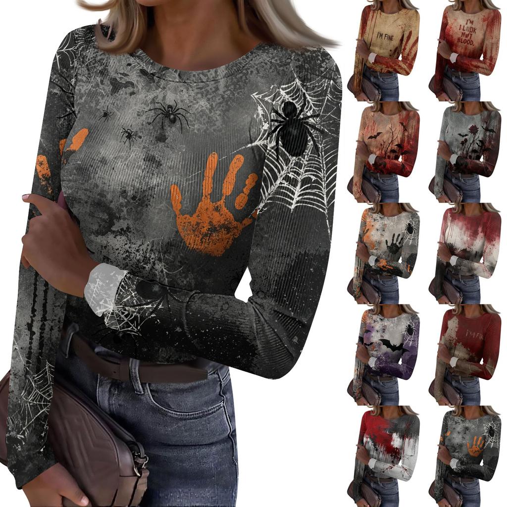 Womens Halloween Print Long Sleeve T Shirt Slim Fit Round Neck Casual Stretchy Basic Top for Autumn Winter