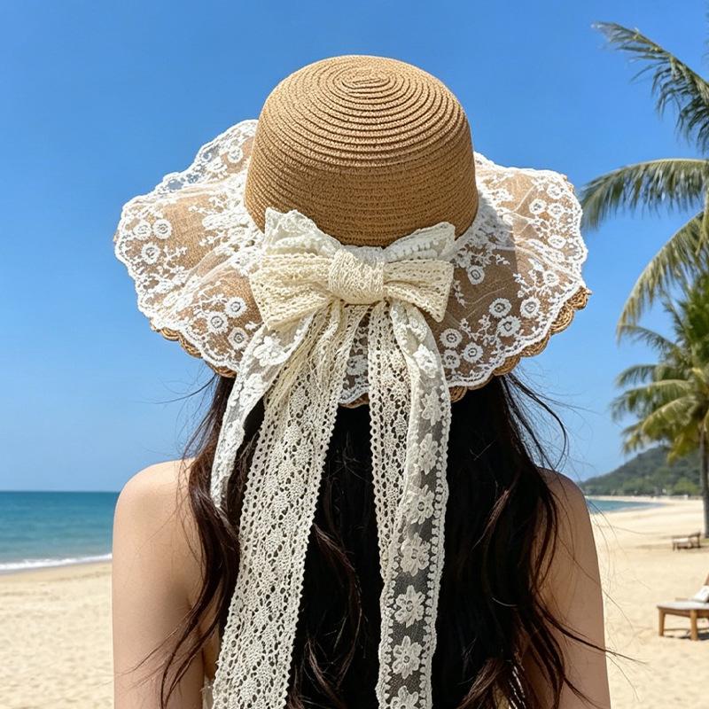 Elegant Bow Lace Straw Hat Women's Big Eaves Spring Summer Sun Hat Vacation Straw Outdoor Sun Protection Hat