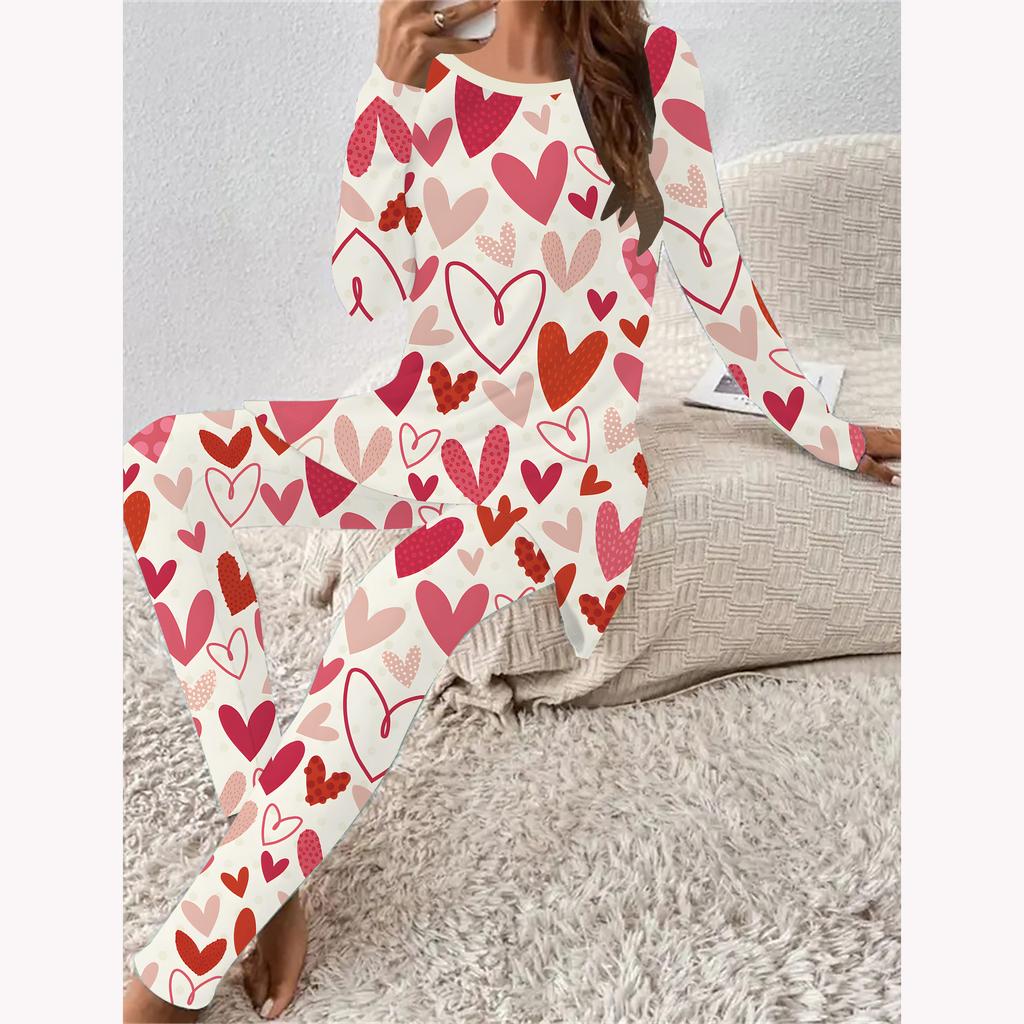 Euroamerikanische Mode 3D Liebesmusterdruck Damen Vier-Jahreszeiten Langarm T-Shirt + Lange Hose Zweiteiler. Perfektes Geschenk zum Valentinstag